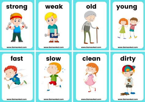 Free ESL flashcards to teach adjectives to beginner English language learners Opposites Flashcards Free Printable, Adjectives Flashcards Printable, Adjectives Flashcards, Basic English For Kids, Kindergarten Flashcards, Adjectives For Kids, Adjectives In English, Adjectives Lesson, Esl Flashcards