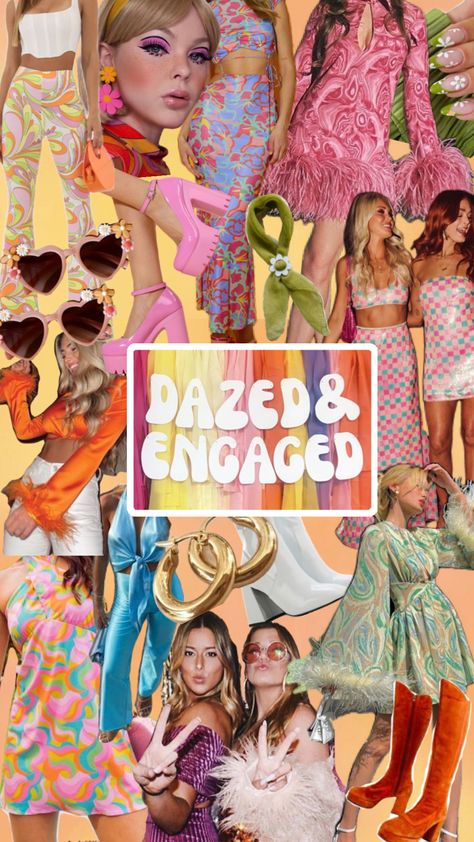 #dazedandengaged #70soutfitinspo #retrostyle #groovymoodboard #bachelorettethemes #bacheloretteoutfits Bachelorette Night Out Outfit Themes, Retro Disco Outfit, Outfit Inspo Board, Bachelorette Outfit Themes, Hen Night Ideas, 70’s Outfit, Casual Bride, Disco Birthday Party, Bridal Shower Inspo