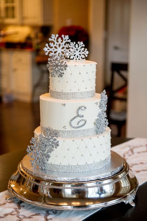 Cake With Monogram, Quinceanera Winter Wonderland, Winter Wonderland Wedding Cakes, Sweet 16 Winter Wonderland, Silver Winter Wedding, Sweet 16 Winter, Winter Wonderland Wedding Theme, Wonderland Sweet 16, Wonderland Wedding Theme