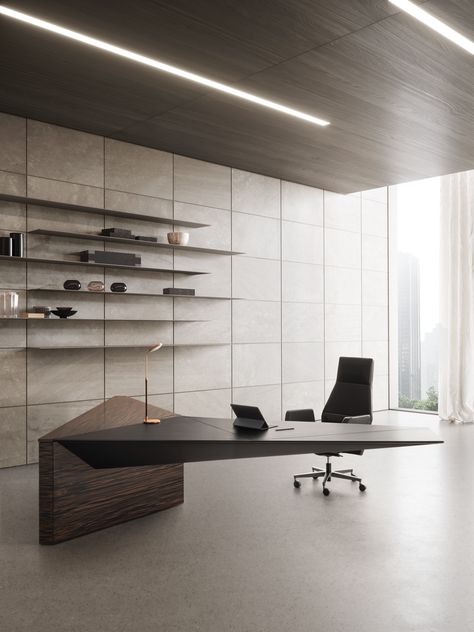 Euclideo - I 4 Mariani srl Ceo Office Design, Modern Office Furniture Design, Modern Office Table, L Shaped Executive Desk, Office Table Design, Office Design Inspiration, Office Interior Design Modern, Modern Office Desk, Modern Office Design