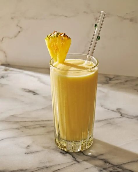 Amazake, Apple, and Pineapple Smoothie Recipe | Saveur Rice Drink, Pineapple Shake, Pineapple Smoothie Recipes, Mango Banana Smoothie, Fermented Rice, Fresh Turmeric, Pineapple Smoothie, Frozen Pineapple, Mango Smoothie