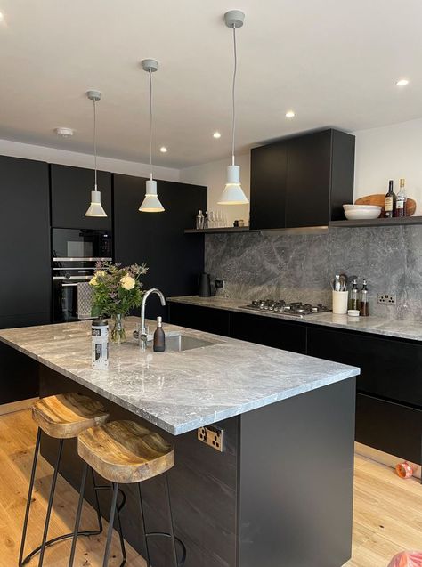 Matt black kitchen dressed in grey marble top Black White Grey Marble Kitchen, Marble Top Kitchen, Kitchen Marble Top, Matt Black Kitchen, Grey Kitchen Interior, Marble Top Kitchen Island, Kitchen Counter Design, Black And Grey Kitchen, Grey Marble Kitchen