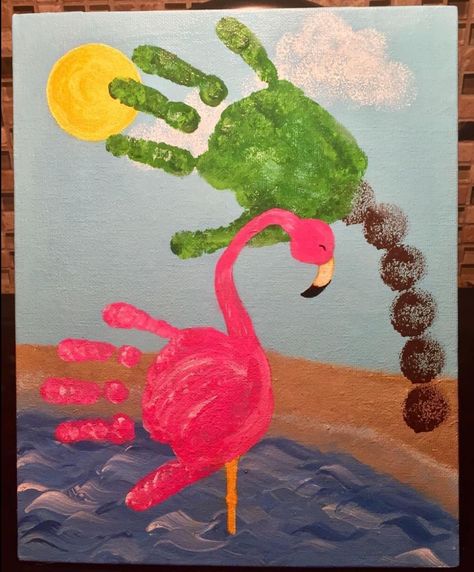 Sea Turtle Handprint Art, Summer Painting Preschool, Beach Handprint Crafts, Handprint Summer Crafts For Toddlers, Summer Art Toddlers, Art To Remember Projects Preschool, Ocean Handprint Art, Summer Art For Babies, Summer Preschool Crafts Art Projects