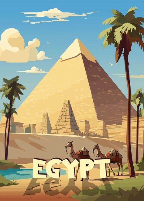 Egypt Travel Poster, Egypt Digital Art, Ancient Egyptian Pyramids, Pyramids Egypt Aesthetic, Pyramids Painting, Egypt Poster Design, Egypt Pictures, Egypt Painting, Egypt Illustration