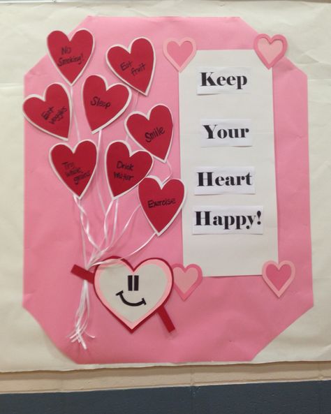 School nurse health bulletin boards: Keep your heart happy! Office Bulletin Board Ideas, Heart Awareness Month, Nurse Bulletin Board, February Bulletin Boards, School Nurse Office Decorations, Health Bulletin Boards, Office Bulletin Boards, Valentine Bulletin Boards, School Nurse Office