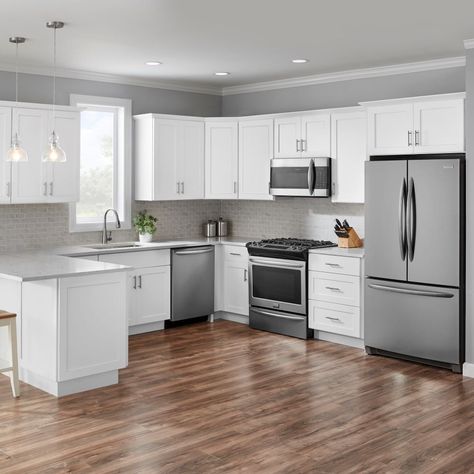 Avondale Shaker Quick Assemble Plywood Base Cabinets in Alpine White – Kitchen – The Home Depot White Shaker Kitchen, Corner Kitchen Cabinet, Plywood Walls, Kitchen Wall Cabinets, Rta Cabinets, Shaker Kitchen Cabinets, Mdf Doors, Plywood Cabinets, Shaker Style Doors