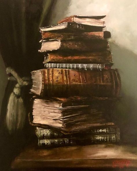 Old Books Painting, Reading Painting Aesthetic, Library Aesthetic Painting, Old Clock Painting, Oil Painting Books, Books Aesthetic Painting, Book Inspired Paintings, Book Aesthetic Painting, Stack Of Books Painting