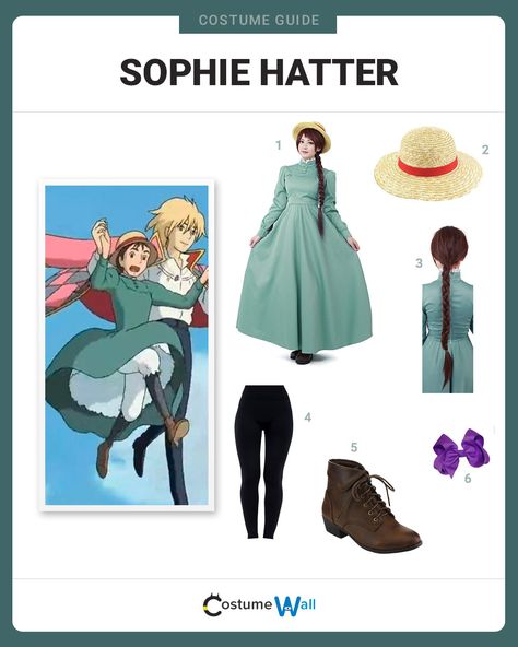 The best guide for dressing up like young Sophie Hatter from Howl's Moving Castle before cursed with old age by the Witch of the Waste. Sophie Howls Moving Castle Outfit, Howl Halloween Costume, Howls Moving Castle Costume, Sophie Hatter Cosplay, Howls Moving Castle Outfit, Sophie Hatter Dress, Sophie's Hat Howls Moving Castle, Howl's Moving Castle Fashion, Howls Moving Castle Sophie