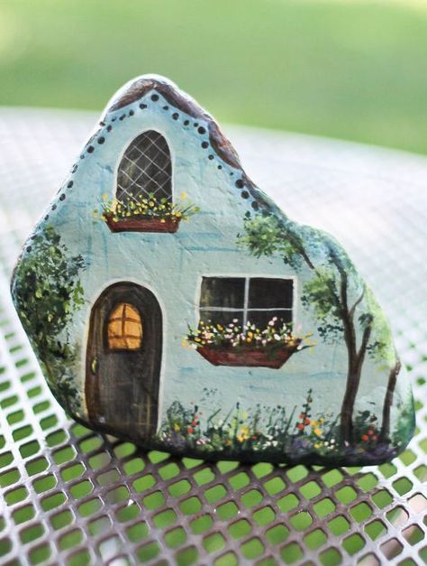 Hand Painted Blue Rock House. Beautifully detailed. Perfect for Fairy or Gnome Garden: Rock House, Art Pierre, Blue Rock, Rock Painting Ideas, Rock Painting Ideas Easy, Rock Painting Patterns, Fairy Garden Houses, House On The Rock, Paint Rock