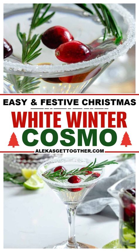 Bonefish Winter White Cosmo, White Winter Cosmopolitan, White Cranberry Christmas Cocktail, White Christmas Drinks For Adults, White Christmas Alcoholic Drink, White Cranberry Cosmopolitan, Clear Holiday Cocktails, Christmas Themed Martinis, Winter White Cosmo Bonefish