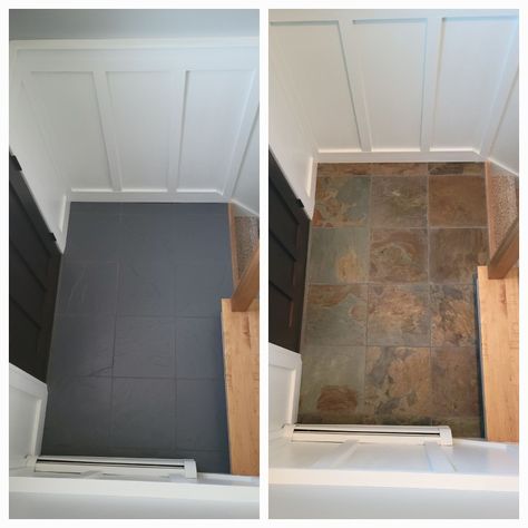 Painting Entryway Tile, Painted Slate Tiles, Slate Tile Paint, Slate Tile Floor Bathroom, Mudroom Update, Slate Bathroom Tile, One Coat Paint, Entryway Tile, Slate Tile Floor