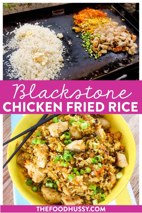 Chicken Fried Rice on the Blackstone is a complete meal that is ready in under 30 minutes from start to finish! Sautéed carrots & onions, juicy chicken and crispy fried rice in a delicious stir fry sauce make your back yard just like one of your favorite hibachi restaurants! Blackstone Chicken Fried Rice, Fried Rice On The Blackstone, Rice On The Blackstone, Crispy Fried Rice, Sautéed Carrots, Blackstone Recipe, Blackstone Chicken, Hibachi Restaurant, Chicken Fried Steak Recipe