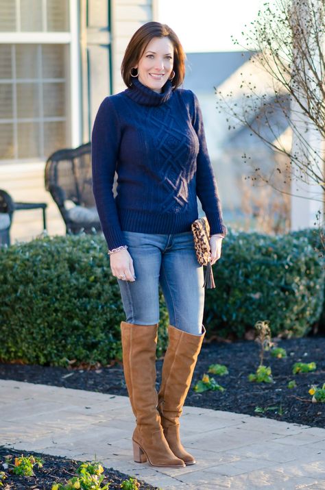 Wearable Winter Outfit Ideas For Women Over 40: Navy Turtleneck with Chestnut OTK Boots Trendy Winter Fashion, Otk Boots, Womens Fashion Casual Fall, Womens Fashion Casual Winter, Fashion For Women Over 40, Office Fashion Women, Womens Fashion Edgy, Womens Fashion For Work, Fashion Over 40