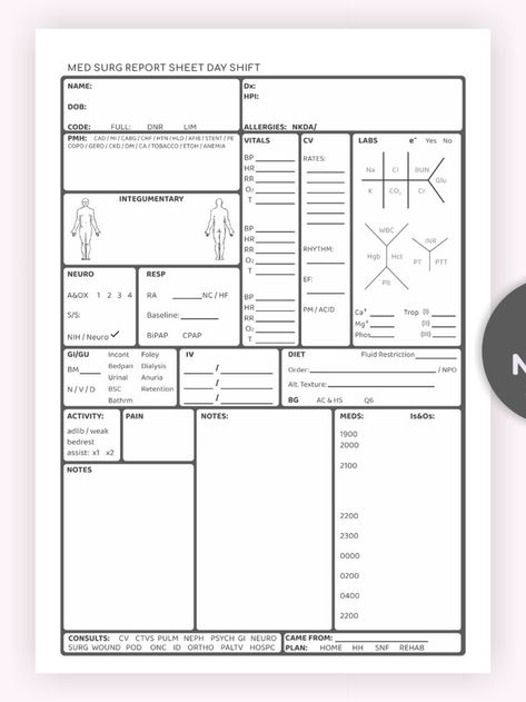 Med Surg Nurse Report Day & Night Shift, Nurse Brain Sheet, ICU Report, RN Report, Patient Tracker, A4 - Letter Size, Nurse Report Template Sbar Nursing, Charting For Nurses, Med Surg Nurse, Patient Assessment, Nurse Brain Sheet, Nurse Brain, Nurse Report Sheet, New Grad Nurse, Med Surg Nursing