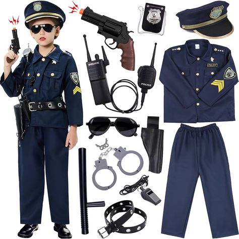 Amazon.com: Golray Police Officer Costume for Kids Boys Girls - 12PCS Kids Police Costume Cop Uniform Outfit Role Play with Police Toys Accessories, 3 4 5 6 7 8 9 10 11 12 Year Old Kid Halloween Costume Dress up : Toys & Games Police Costume For Kids, Police Baton, Police Accessories, Police Halloween Costumes, Officer Costume, Police Toys, Police Officer Costume, Cop Uniform, Kids Police