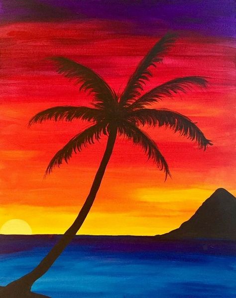 Pinturas Sunset Canvas Painting, Tree Painting Canvas, Palm Trees Painting, Oil Pastel Paintings, Canvas Painting Tutorials, Simple Canvas Paintings, Cute Canvas Paintings, Easy Canvas Art, Drawing Simple