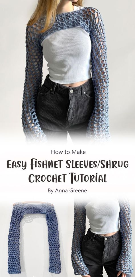 Easy fishnet sleeves/shrug by Anna Greene. This is an easy pattern to follow. If you are looking for a project that will make you feel like a fashionista, then this is the one for you! Bolero Haken, Easy Crochet Shrug, Tops A Crochet, Crochet Shrug Pattern, Shrug Pattern, Confection Au Crochet, Mode Crochet, Easy Crochet Projects, Crochet Bolero