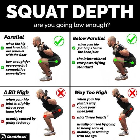 Chad Nasci | S&C Coach on Instagram: “Squatting “to depth” may be different for different people and be quite confusing. Use this chart to see if you’re squatting low enough for…” Different Squats And What They Do, Different Squats, How To Do Squats, At Home Core Workout, Gym Girlie, Squat Form, Physically Fit, Workout Exercises, Squat Workout