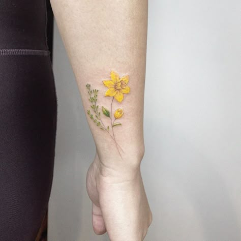 If you've been thinking about getting a tattoo of your zodiac sign, you may want to consider birth flower tattoos while you're at it. Like a birthstone, there Daffodil Color Tattoo, Color Daffodil Tattoo, Delicate Daffodil Tattoo, Pretty Daffodil Tattoo, Butterfly With Daffodil Tattoo, Narcissus Tattoo, Daffodil Flower Tattoos, Daffodil Tattoo, Garden Tattoos