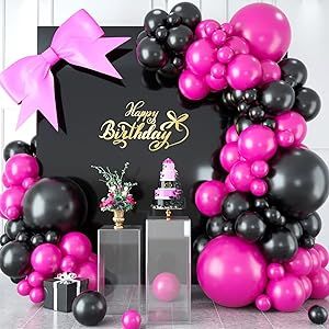 Hot Pink and Black Balloon Arch Kit, Hot Pink Black Balloon Garland Kit, Rose Red Black Latex Balloons Different Sizes for Women's Birthday Decorations Wedding Baby Shower Engagement Party Supplies Pink And Black Balloon Arch, Black Balloon Arch, Black Balloon Garland, Teenager Party, Balloon Wreath, Black Balloon, Balloon Arch Kit, Prom Decor, Hot Pink And Black