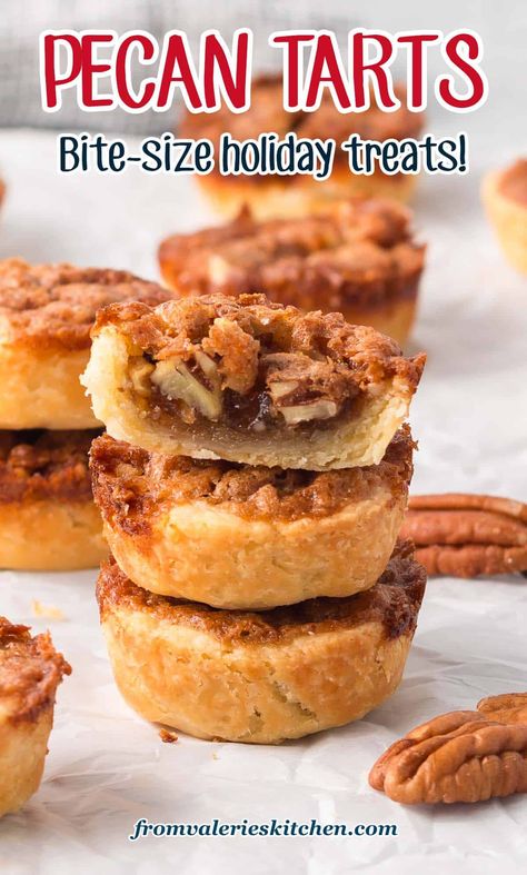 These mini Pecan Tarts have a buttery, flaky crust and a rich and gooey pecan pie filling. A bite-size treat that's perfect for holiday gift giving or entertaining. Mini Pecan Tarts, Pecan Tarts Mini, Coconut Cream Pie Bars, Tassies Recipe, Gooey Pecan Pie, Pecan Tarts Recipe, Pecan Pie Tarts, Pecan Pie Bites, Favorite Pie Recipes