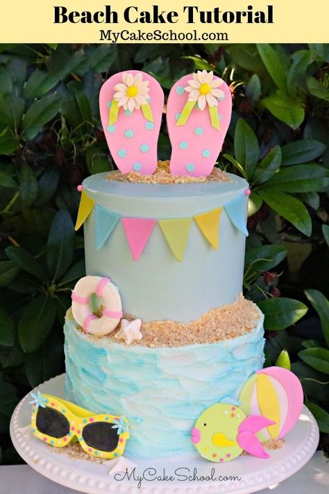 Minnie Pool Party Cake, Pool Party Cakes For Girls Birthday, Pool Party Cake Ideas, Summer Theme Cake, Summer Themed Cake, Pool Party Birthday Cake, Summer Cake Ideas, Pool Birthday Cakes, Flip Flop Cakes