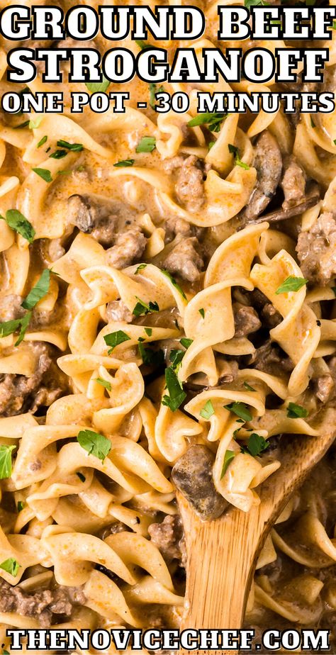 This simple Ground Beef Stroganoff is perfect for any night of the week. Better than store bought, it’s a one-pot meal made with savory beef, creamy sauce, mushrooms, and noodles! One Skillet Ground Beef Stroganoff, Lazy Man Beef Stroganoff, One Pot Beef Stroganoff Easy, Beef Stroganoff Dry Mix Recipe, Ground Beef Stroganoff Healthy, Crock Pot Stroganoff Ground Beef, One Pot Hamburger Stroganoff, Best Stroganoff Recipe Ground Beef, Poor Man Beef Stroganoff