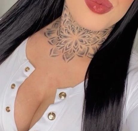 Women’s Neck And Chest Tattoo, Mandela Neck Tattoos Women, Mandala Tattoo Neck For Women, Mandela Neck Tattoo, Throat Mandala Tattoo, Dot Work Neck Tattoo, Mandala Neck Tattoo For Women, Feminine Neck Tattoos For Women, Front Of Neck Tattoos Women