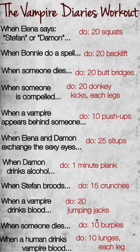 for all the Vampire Diaries lovers that want to keep fit while watching Netflix. #the #vampire #diaries #workout #fitspo #elena #damon #stefan #thevampirediariesworkout Tvd Workout, Netflix Workout, Vampire Diaries Workout, Tv Workout, Tv Show Workouts, Spell Your Name Workout, Movie Workouts, Damon Stefan, Tv Workouts