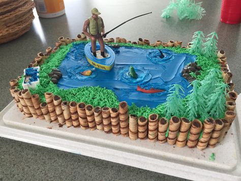 Fishing Themed Sheet Cake, Fisherman Cake Ideas, Fishing Retirement Cake, Fishing Cakes For Men Birthdays Easy, Fish Birthday Cake For Men, Fishing Cake Ideas For Men, Fishing Birthday Cake Ideas, Gone Fishing Birthday Cake, Kids Fishing Birthday Cake