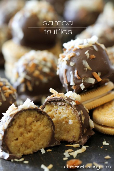 Samoa Truffles from chef-in-training.com ...only FIVE ingredients and they couldn't be more delicious! Could be my favorite truffles yet! Samoa Truffles, Candy Truffles, Truffle Recipe, Think Food, Homemade Candies, Yummy Sweets, Sugar Rush, How Sweet Eats, Eat Dessert