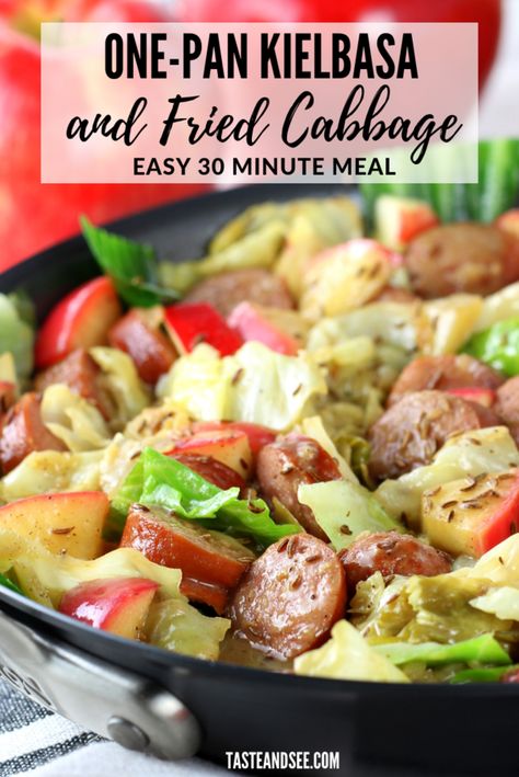 This One Pan Kielbasa And Fried Cabbage is an easy 30 minute meal!  Sautéed onions, garlic and fried cabbage, in a brown ale mustard sauce, with delicious smoked kielbasa, topped with sweet crisp apples.  #KielbasaRecipe #OnePanDinner #30MinuteMeal #CabbageRecipes   #TasteAndSee Kielbasa Cabbage And Apples, Sausage Cabbage Apple Skillet, Cabbage Apples And Sausage, One Pan Kielbasa, Keilbasa And Cabbage, Ww Casseroles, Smoked Kielbasa, Fried Cabbage With Sausage, Quick Supper