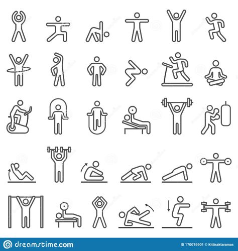 Fitness Exercise Workout Line Icons Set. Vector Illustrations Stock Vector - Illustration of dumbbell, person: 170076901 Gym Icon, Sport Icon, Street Workout, Bodyweight Workout Beginner, Sketches Easy, Couples Poses For Pictures, Icon Set Vector, Bullet Journal Ideas Pages, Vector Illustrations