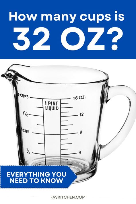 A measuring cup displaying the conversion from 32 ounces to cups, illustrating the measurement Kitchen Measurement, Measurement Conversions, Kitchen Measurements, Reduce Food Waste, Culinary Skills, Cooking Kitchen, Kitchen Hacks, Cooking Tips, Food Storage