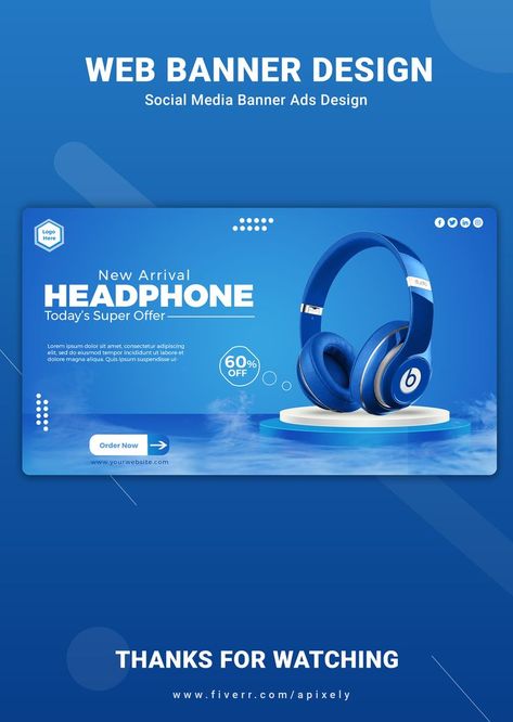 Website eCommerce Headphone Banner Post Tech Ad Headphone Ads Design, Website Slider Design Ideas, Product Thumbnail Design, Website Banners Design, Website Banner Design Creative, Tech Banner Design, Web Banner Design Creative, Headphone Banner, Website Slider Design