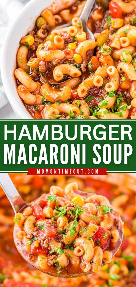 Want more fall comfort food ideas? Learn how to make Hamburger Macaroni Soup! This warm dinner recipe is just what you need on cold nights. Your family will love this rich, hearty soup with noodles, vegetables, ground beef, and tomatoes! Hamburger Tomato Macaroni Soup, Crockpot Hamburger Macaroni Soup, Hamburger Macaroni Soup Crock Pot, Ground Beef Cold Weather Recipes, Hamburger Soup With Noodles, Soups With Hamburger Meat, Hamburger Soup With Macaroni, Ground Beef And Tomatoes, Hamburger Macaroni Soup