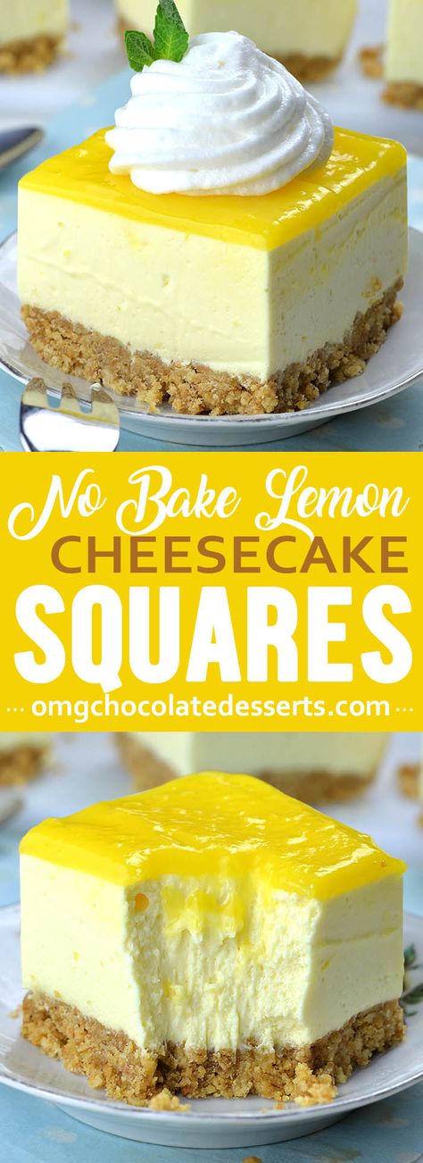 Easy No Bake Lemon Cheesecake Bars with graham cracker crust and lemon curd topping is light and refreshing spring or summer dessert recipe, and perfect addition to Easter table. No Bake Lemon Cheesecake Bars, Easy No Bake Lemon Cheesecake, Cheesecake Bars Easy, No Bake Lemon, Lemon Cheesecake Recipes, Lemon Bars Easy, No Bake Lemon Cheesecake, Lemon Cheesecake Bars, Cheesecake Squares