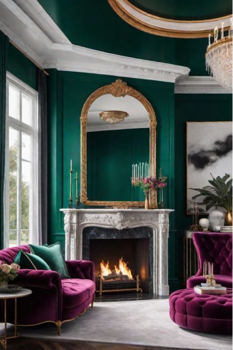 Luxurious living room with emerald green walls and velvet furniture Cozy Eclectic Living Room, Living Room Decor Styles, Green Room Decor, Earthy Living Room, Green Interior, Eclectic Living Room, Room Paint Colors, Vintage Living Room, Living Room Decor Cozy