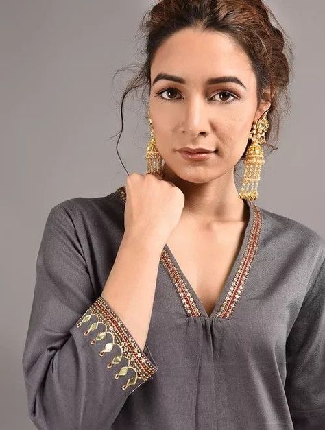 [AffiliateLink] Pleated V Neckline #jewelryforvneckdressindian V Neck Kurti Designs Latest, Jaipur Kurti, Embroidered Kurtis, Gota Patti Work, Embroidered Tops, Stylish Kurtis Design, Work Women, Kurta Patterns, Churidar Designs