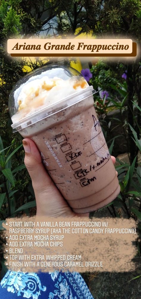 Starbucks Secret Recipes Ariana Grande Starbucks Drink, Ariana Grande Starbucks, Cotton Candy Frappuccino, Diy Starbucks, Coffee Flavors, Secret Starbucks Recipes, Starbucks Secret Menu Drinks, Starbucks Secret, Starbucks Diy