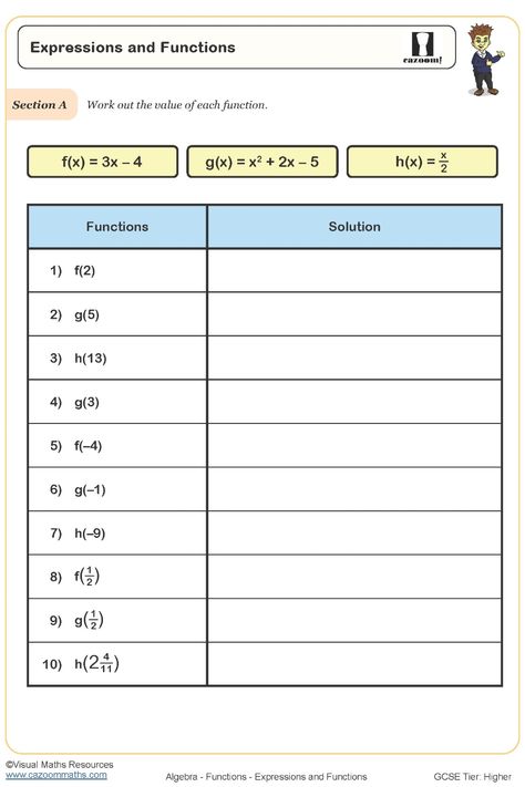 Enhance your understanding of expressions and functions with this comprehensive worksheet. Practice evaluating functions in function notation through a variety of exercises. Strengthen your problem-solving skills by tackling different functions and equations to determine the values. This engaging resource is designed to help learners grasp concepts effectively and excel in their studies. Perfect for self-study or classroom use, this worksheet offers a valuable opportunity to master key mathemati Year 9 Maths Worksheets, Ks3 Maths Worksheets, Year 8 Maths Worksheets, Ks1 Maths Worksheets, Year 7 Maths, Year 5 Maths Worksheets, Year 6 Maths Worksheets, Year 2 Maths Worksheets, Year 4 Maths Worksheets