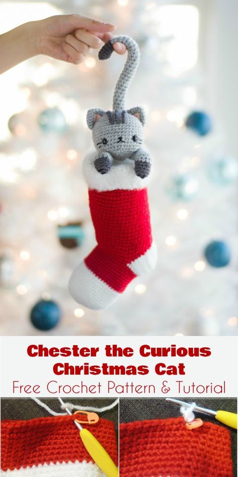 Chester the Curious Christmas Cat [Free Crochet Pattern] Christmas Cat Ornaments, Cat Free Crochet Pattern, Xmas Crochet, Kat Haken, Cat Christmas Stocking, Crochet Christmas Ornaments Free, Mini Christmas Ornaments, Crochet Ornament Patterns, Christmas Crochet Patterns Free