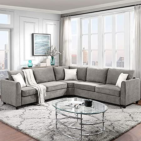 AmazonSmile: DNYN 100" Upholstered Sectional Sofa with 3 Pillows,100% Polyester,L-Shape Living Room 7-Seater sofá Set & Reversible Couch w/Two-Arm-Facing Loveseat,Larger Furniture for Home or Office, Gray : Home & Kitchen Couch L Shape, L Shape Couch, 3 Piece Sectional Sofa, Modern Sofa Living Room, Living Room Sofa Set, L Shaped Couch, Couch Set, Sectional Sofa Couch, Living Room Sets Furniture