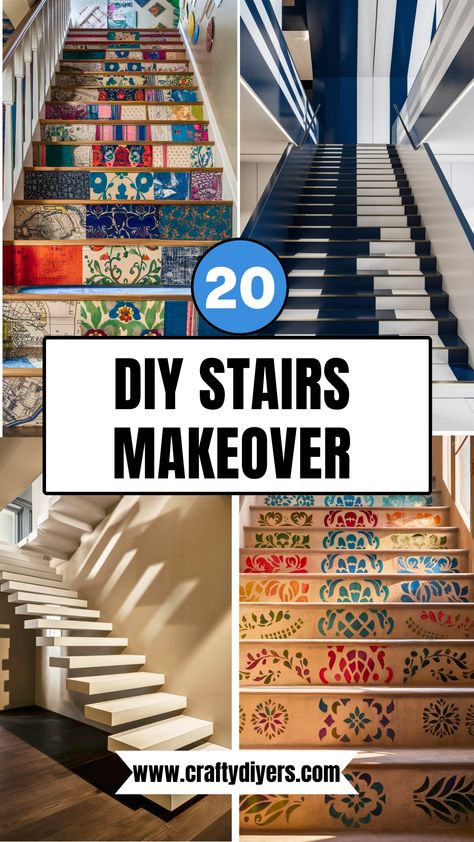 20 DIY Stairs Makeover [Easy To Copy] – craftydiyers.com Painting Wooden Stairs, Painted Stair Risers, Stairway Makeover, Diy Outdoor Living, Diy Stairs Makeover, Stair Runner Installation, Diy Staircase Makeover, Stairs Makeover Ideas, Outdoor Indoor Living