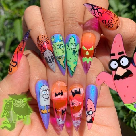 90s Halloween Nails, Scooby Doo Nails Halloween, Cartoon Halloween Nail Art, Halloween Nail Art Acrylic, Halloween Characters Nails, Halloween Spongebob Nails, Halloween Nails Characters, Nails With Cartoon Characters, Scooby Doo Halloween Nails