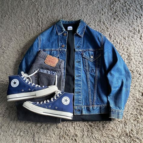 Blue Converse Outfit Men, Maong Jacket Outfit, Blue Jean Jacket Outfits Men, Blue Sneakers Outfit Men, Blue Jacket Outfits, Blue Converse Outfit, Blue Jean Jacket Outfits, Jean Jacket Outfits Men, Aesthetic Guy Outfits