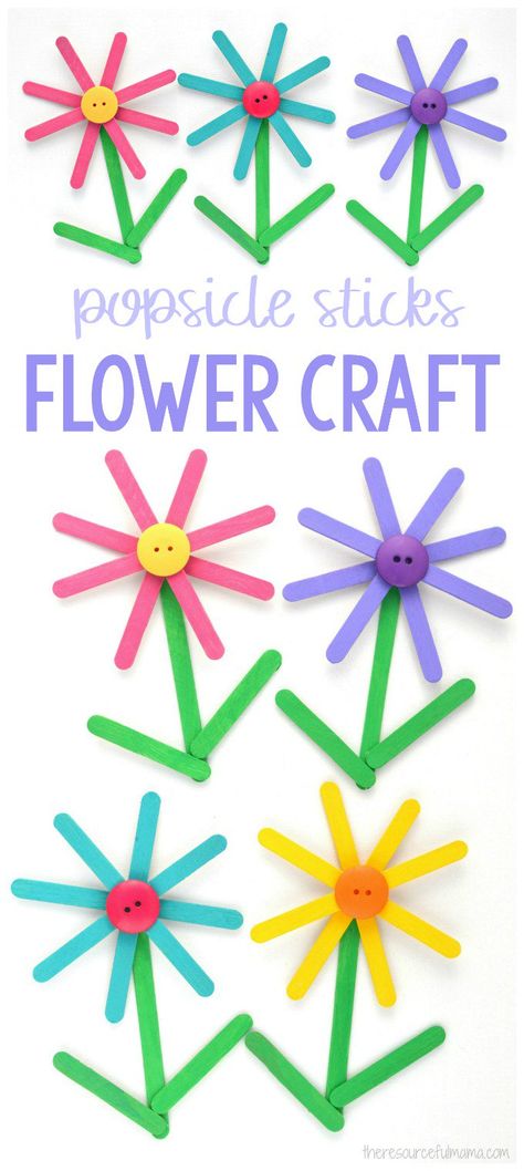 Turn popsicle sticks into a bright and colorful Popsicle Sticks Flower Craft kids will enjoy making both spring and summer. #spring #flowers #craft #kidscraft Easter Crafts Popsicle Sticks, Flower Popsicle Stick Craft, Popcicle Crafts Kids, Preschool Craft With Popsicle Sticks, Activity Using Ice Cream Stick, Color Popsicle Stick Activity, Spring Flowers Craft, Colorful Popsicles, Wood Sticks Crafts