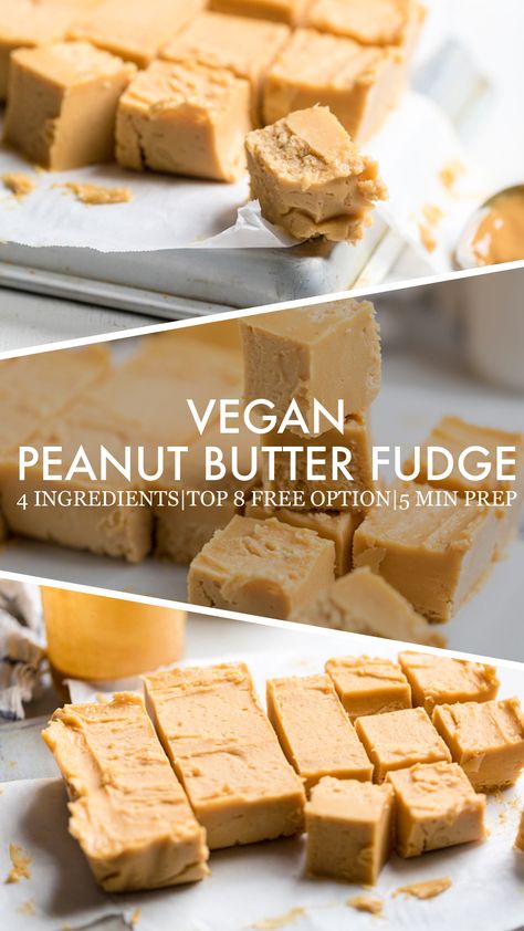 collage of vegan peanut butter fudge. Vegan Peanut Butter Fudge, Eoe Recipes, Vegan Fudge Recipes, Microwave Peanut Butter Fudge, Butter Fudge Recipe, Vegan Candy, Easy Fudge, Vegan Fudge, Peanut Butter Fudge Recipe