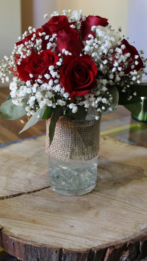 Rose Quince Centerpiece Ideas, Small Red Centerpieces, Red Wedding Theme Romantic Table Decor, Red And White Flower Arrangements Simple, Roses And Babysbreath Bouquet, Red And White Roses Centerpieces, Red Roses And Baby Breath Bouquet, Roses And Baby Breath Centerpiece, Baby’s Breath And Roses