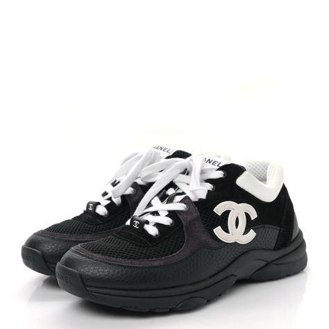 Chanel Sneakers, Black Sneakers, Chanel Black, Cc Logo, Stylish Sneakers, Mesh Fabric, Suede Leather, Calf Skin, Black Leather